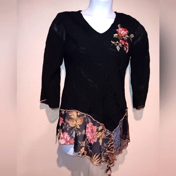 Vintage 90s Spencer Alexis Chic Black Floral Embroidered Blouse Size 6 - Picture 1 of 4